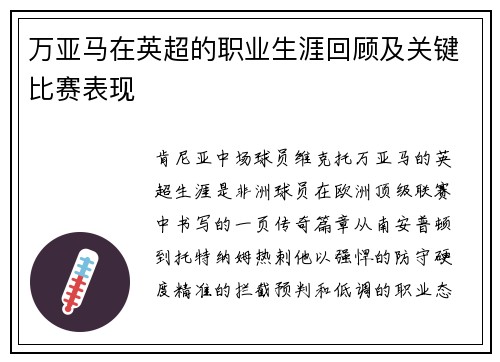 万亚马在英超的职业生涯回顾及关键比赛表现